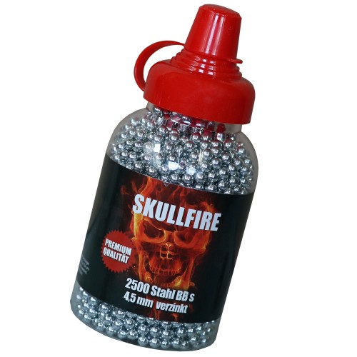 Preview: SKULLFIRE Stahlrundkugeln, verzinkt, Kaliber 4,5mm, 2500 BBs im praktischen Spender